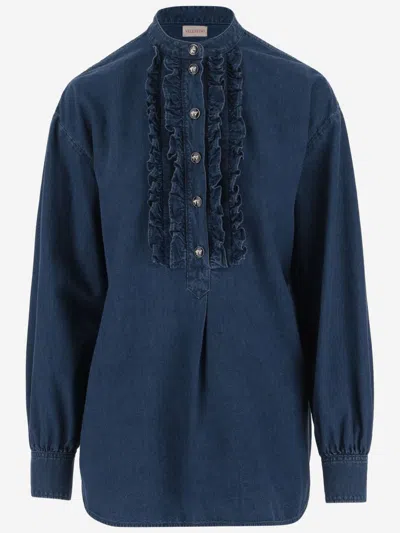 Valentino Ruffle Denim Shirts In Blue