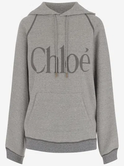Chloé Hooded Cotton Blend Sweatshirt With Kangaroo Pocket In Gray