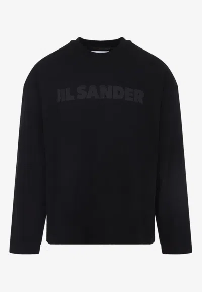 Jil Sander Men Black Long Sleeve T-shirt With Front Logo Print In Cotton Man In Blue