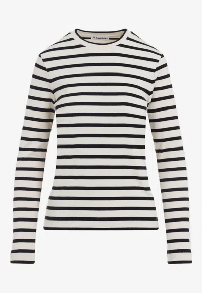 Jil Sander Fine Ribbed Off-white And Black Crew Neck Sweater In Black