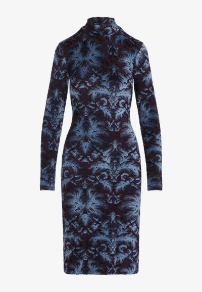 Etro Floral-pattern Mock-neck Midi Dress In Blue