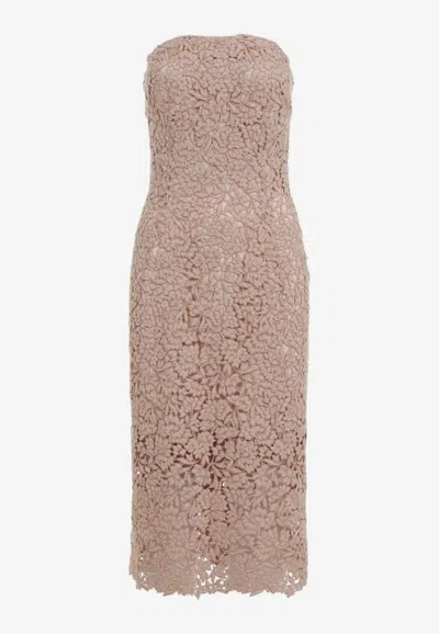 Ermanno Scervino Strapless Midi Dress With Floral Embroidery In Brown