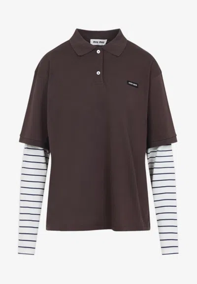 Miu Miu Lapel Long Sleeve Polo Shirt In Brown