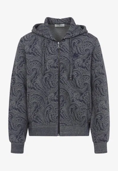 Etro Paisley Print Zip-up Hooded Sweatshirt In Gray