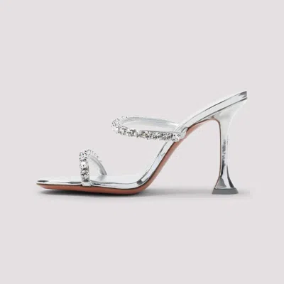 Amina Muaddi Metallic Leather Slippers With Crystal Embellishments In Metallic