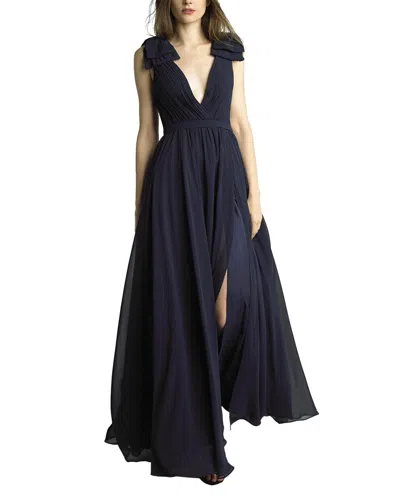 Basix Black Label Pleated Deep V Gown In Blue