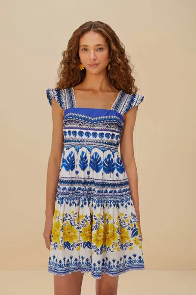 Farm Rio Zuli Organic Cotton Mini Dress In Off-white In Blue