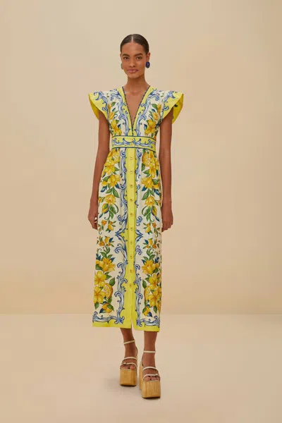 Farm Rio Off-white Sicily Scarf Organic Cotton Maxi Dress In Yellow