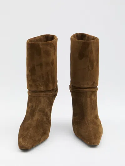 Saint Laurent Niki Suede Ysl Stiletto Ankle Booties In Brown