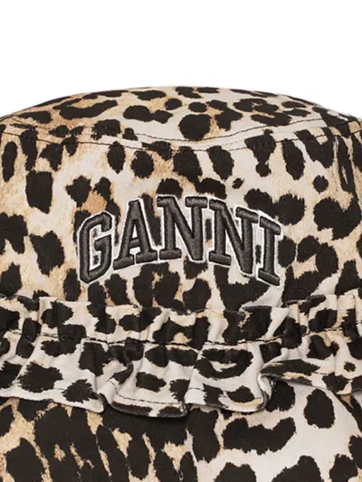 Ganni Leopard Print Canvas Bucket Hat With Ruffled Detailing In Neutral