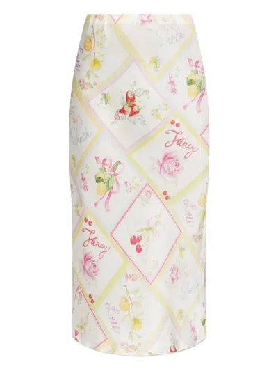 Loveshackfancy Castle Silk-blend Fruit Print Midi Skirt