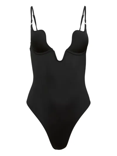 Fleur Du Mal Le Stretch Micro U-plunge Bodysuit Black In Black