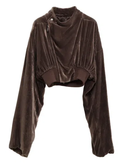 Rick Owens Velvet Zip-front Cropped Jacket In Brown