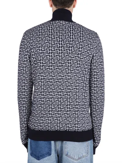 Balmain High-neck Sweater With All-over Monogram Pattern In Blue