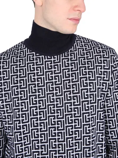 Balmain High-neck Sweater With All-over Monogram Pattern In Blue