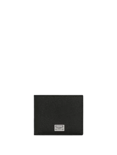 Dolce & Gabbana Black Dauphine Leather Wallet With Logo Plaque