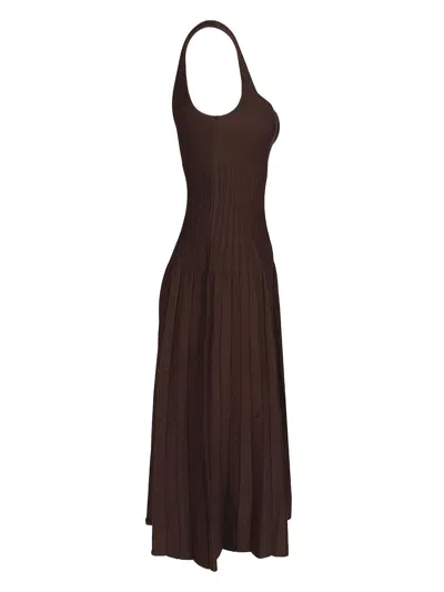 Staud Ellison Pleated Ribbed-knit Midi Dress In Brown