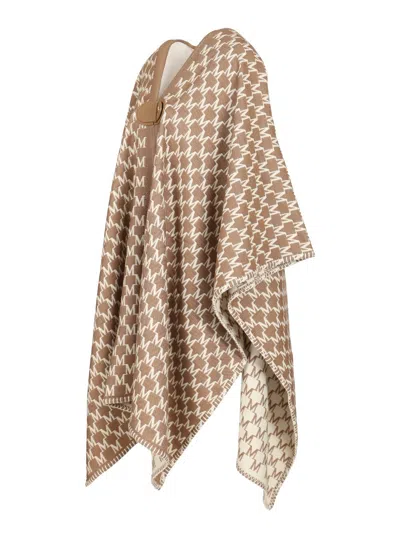Max Mara Editti Wool Cotton Cape All Over Logo Coats Multicolor In Brown