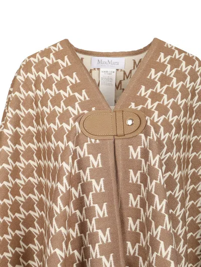 Max Mara Editti Wool Cotton Cape All Over Logo Coats Multicolor In Brown