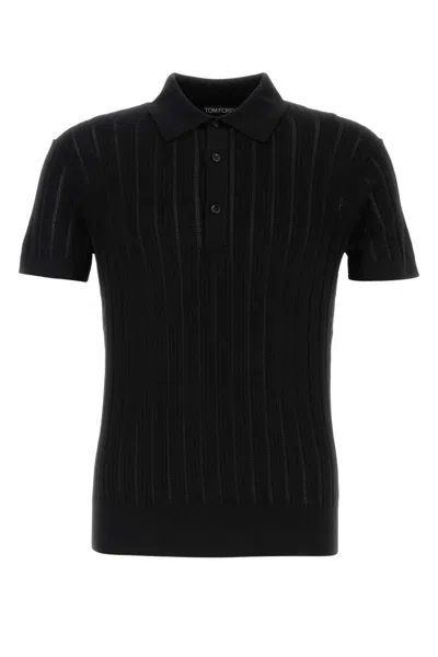 Tom Ford Classic Black Pique Polo With Textured Finish In Black