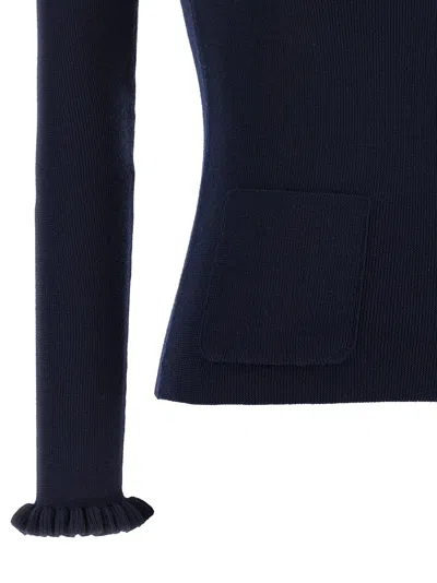 Valentino Embroidered Sweater With Front Pockets And Ruffle Cuffs In Blue