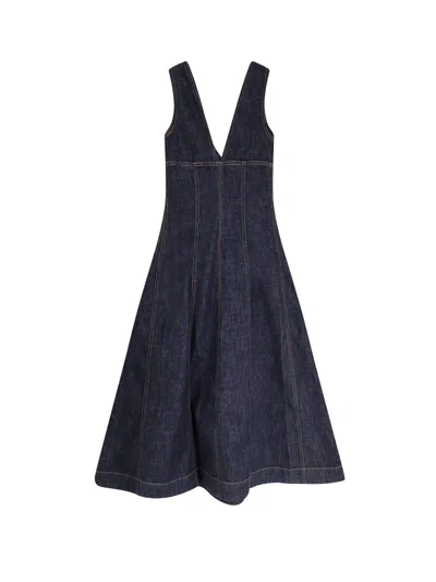Self-portrait V-neck Denim Flared Midi Dress In Blue