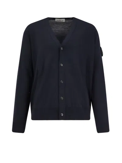 Stone Island Wool Cardigan With Ribbed Profiles And Pockets In Black