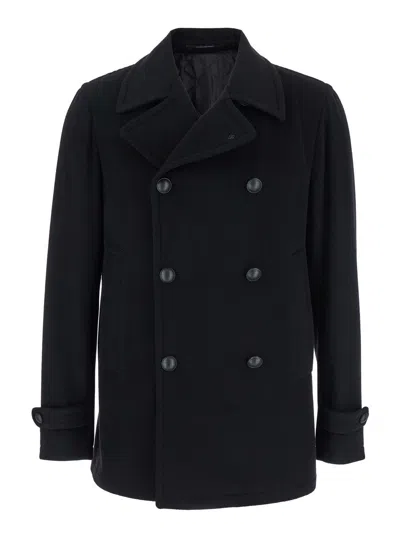 Tagliatore Black Double-breasted Coat With Wide Notched Revers In Black