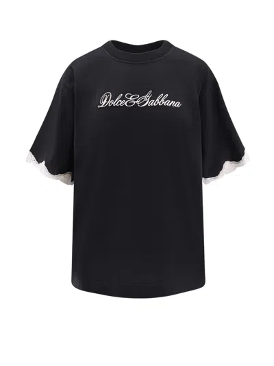 Dolce & Gabbana Logo-embroidered Lace-trimmed T-shirt In Black