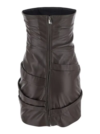 Attico Strapless Leather Dress With Layered Textured Finish In Brown