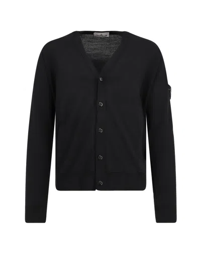 Stone Island Wool Cardigan With Ribbed Profiles And Pockets In Black