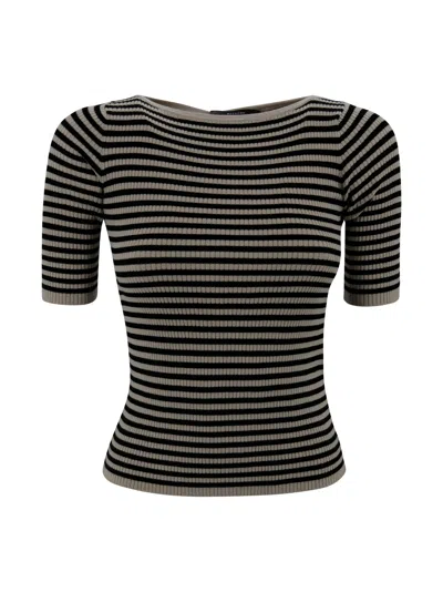 Weekend Max Mara Boat Neck Ribbed T-shirt With Striped Pattern In Black