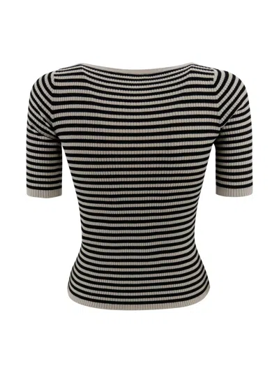 Weekend Max Mara Boat Neck Ribbed T-shirt With Striped Pattern In Black