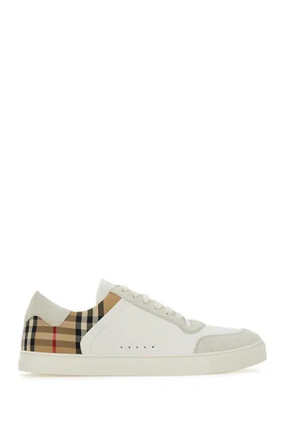 Burberry Men Stevie Leather And Check Canvas Sneakers In White