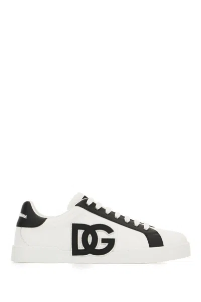Dolce & Gabbana Portofino Light Strobel Sneakers In Canvas And Calfskin In White