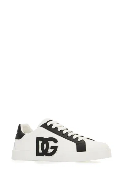 Dolce & Gabbana Portofino Light Strobel Sneakers In Canvas And Calfskin In White