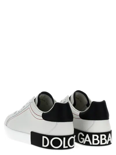 Dolce & Gabbana Portofino Leather Sneakers With Rubberized Logo Shoes In Gray
