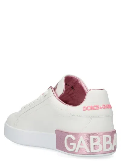 Dolce & Gabbana Portofino White And Pink Low Top Sneakers With Logo In Leather Woman