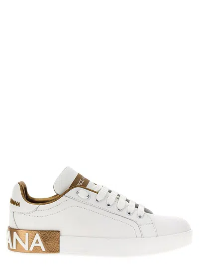 Dolce & Gabbana Portofino White And Gold Low Top Sneakers With Logo In Leather Woman