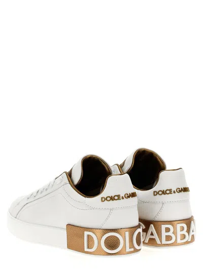 Dolce & Gabbana Portofino White And Gold Low Top Sneakers With Logo In Leather Woman