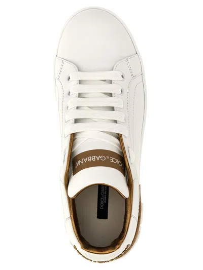 Dolce & Gabbana Portofino White And Gold Low Top Sneakers With Logo In Leather Woman