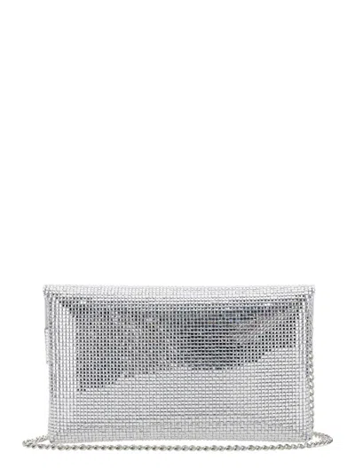 Twentyfourhaitch Silver Colored Clutch Bag With Chain Shoulder Strap And All-over Rhinestones In Tech Fabric Woman
