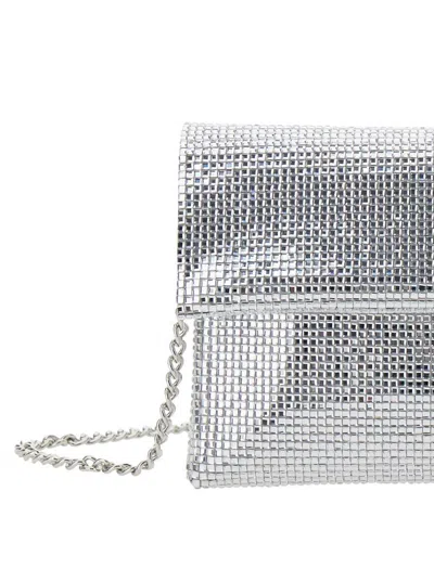 Twentyfourhaitch Silver Colored Clutch Bag With Chain Shoulder Strap And All-over Rhinestones In Tech Fabric Woman