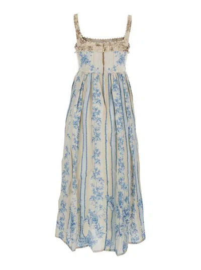 Agua By Agua Bendita Barbara Blue Long Dress With All-over Floral Embroidery In Linen Woman