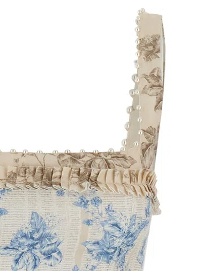 Agua By Agua Bendita Barbara Blue Long Dress With All-over Floral Embroidery In Linen Woman