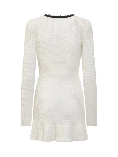 Self-portrait Textured White Dress With Beaded V-neckline In White