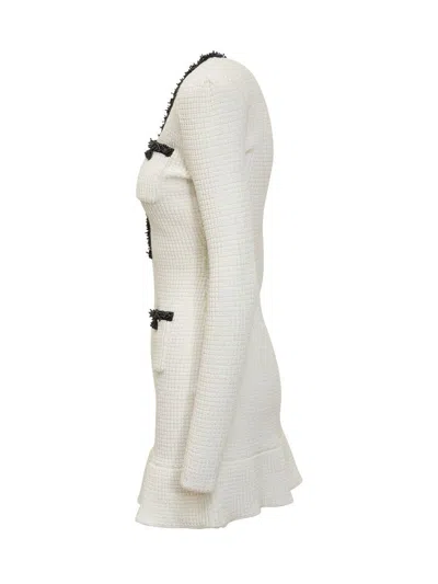 Self-portrait Textured White Dress With Beaded V-neckline In White