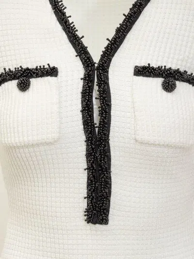 Self-portrait Textured White Dress With Beaded V-neckline In White
