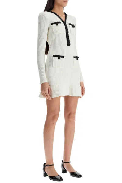 Self-portrait Textured White Dress With Beaded V-neckline In White