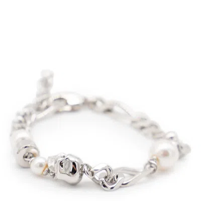 Alexander Mcqueen Skull And Pearl Bracelet In Metallic